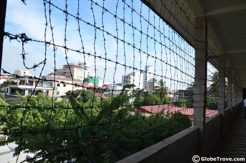 A view that the inmates of the S-21 prison had. The barbed wire kept them from committing suicide.