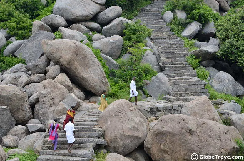 The stone steps flanked with boulders that lead up to the Gingee fort which was one of our stops during our Bangalore to Pondicherry road trip