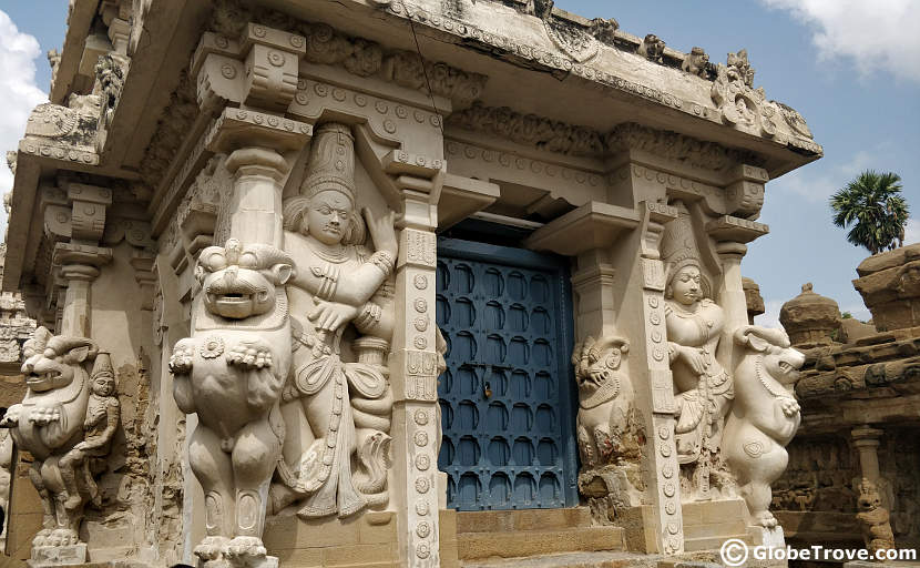 Intricate carvings on the Kanchi Kailasanathar temple walls.