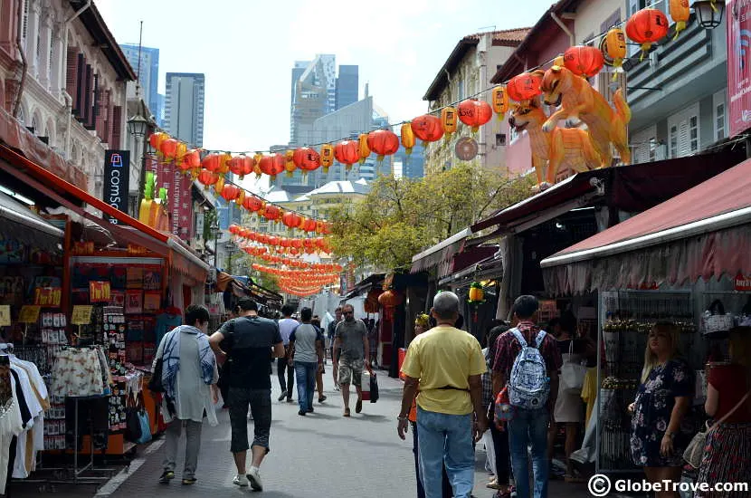 The street market in Singapore's Chinatown is bright and bustling.