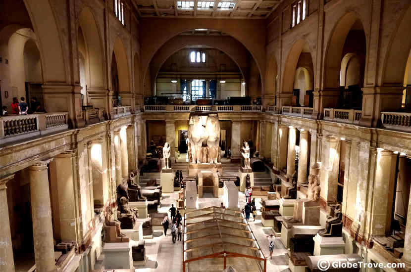 The main hall of the Egyptian museum has some of the largest artifacts.