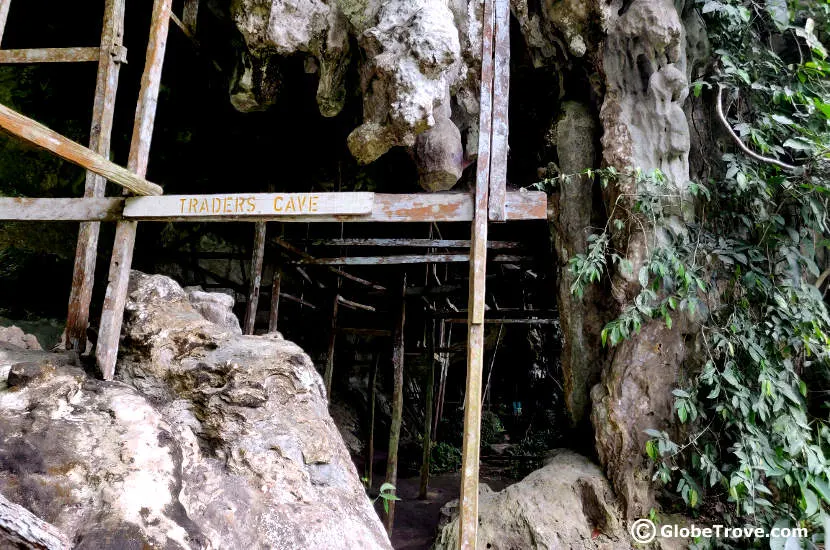 The entrance to Traders' Cave. You can catch a glimpse of the wooden structures here.