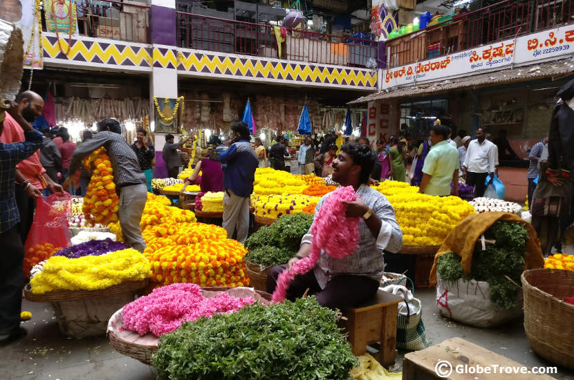 One of the favorites among tourists is the flower market in Bangalore with its numerous colorful flower arrangements.