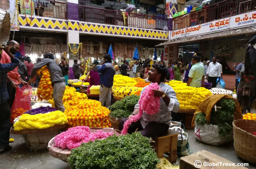 One of the favorites among tourists is the flower market in Bangalore with its numerous colorful flower arrangements.