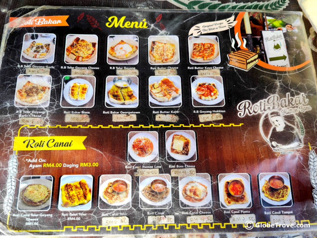 A glimpse of the menu at Roti Bakar Hutton Lane menu.