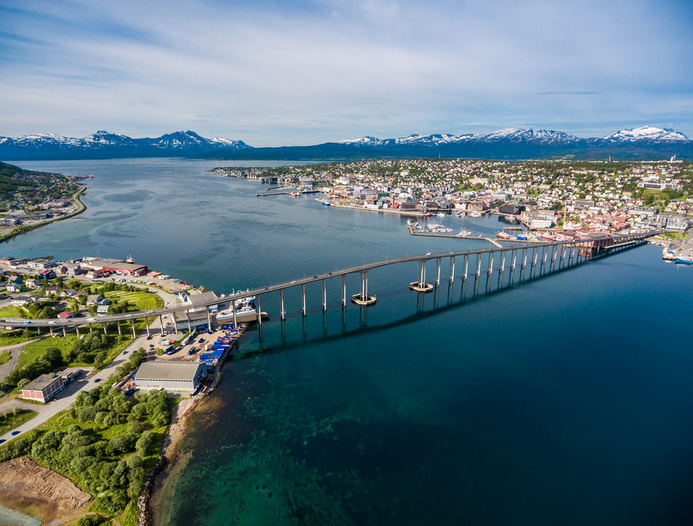 Bridge of city Tromso, Norway aerial photography. Tromso is considered the northernmost city in the world with a population above 50,000.