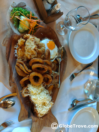 The array of fried fish and meats at one of the cool restaurants in Szeged.