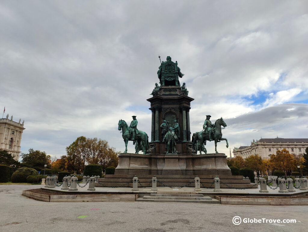 The Maria Theresa monument on a cloudy day in Vienna. It is one of the free monuments to visit in the city