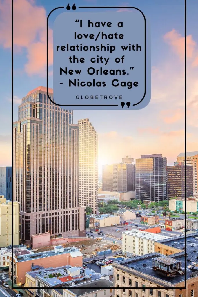 New Orleans cityscape with a Nicolas Cage quote
