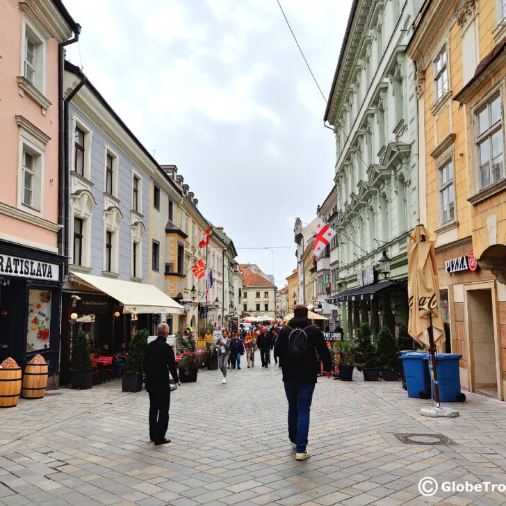 One of the central streets with loads of restaurants in Bratislava