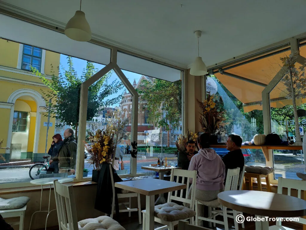 The view from Sugar & Candy Desszert Cukraszda which is one of the best restaurants in Szeged for anyone who loves sweet food.