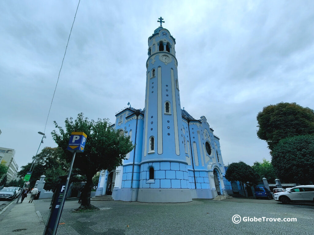 The Blue church in Bratislava on a gloomy cloudy day.