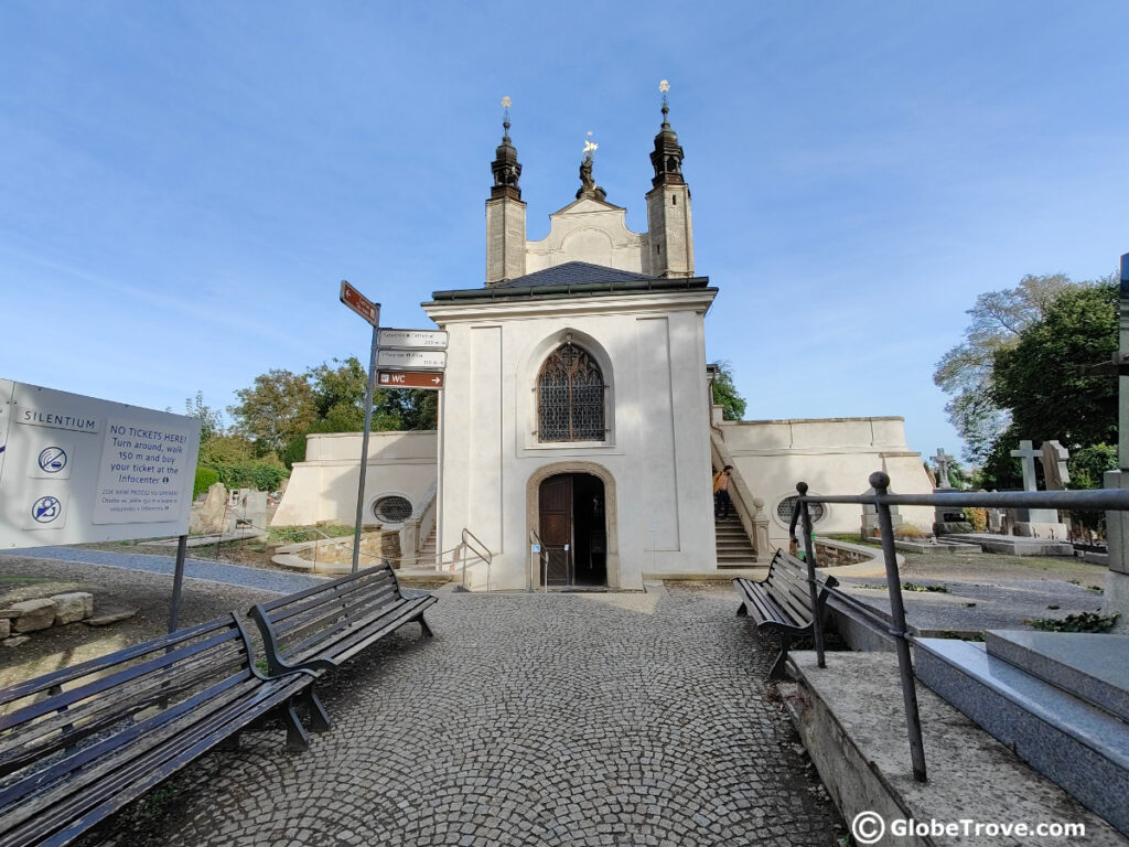 The outer façade of the Sedlec Ossuary which is one of the iconic things to do in Kutna Hora.