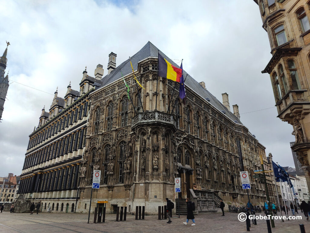 The intricate façade of the city hall in Ghent is one of the cool things to do in Ghent.