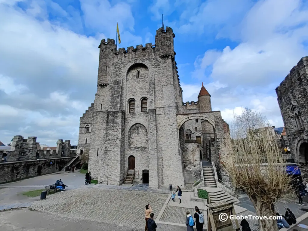 Gravensteen castle with a view of the walls that surround it and the iconic towers which makes it one of the best things to do in Ghent, Brussels.