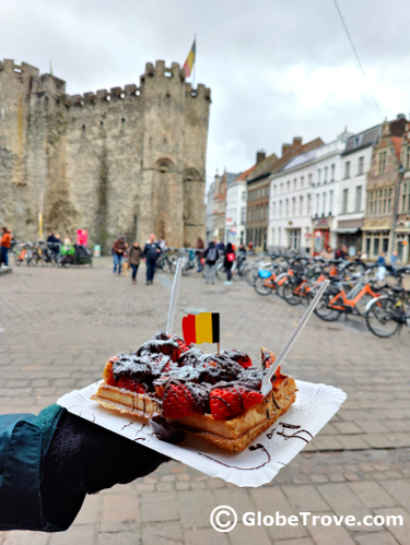 One of the cripsy waffles drizzled with the goodness of Belgium chocolate and fresh strawberries in Ghent