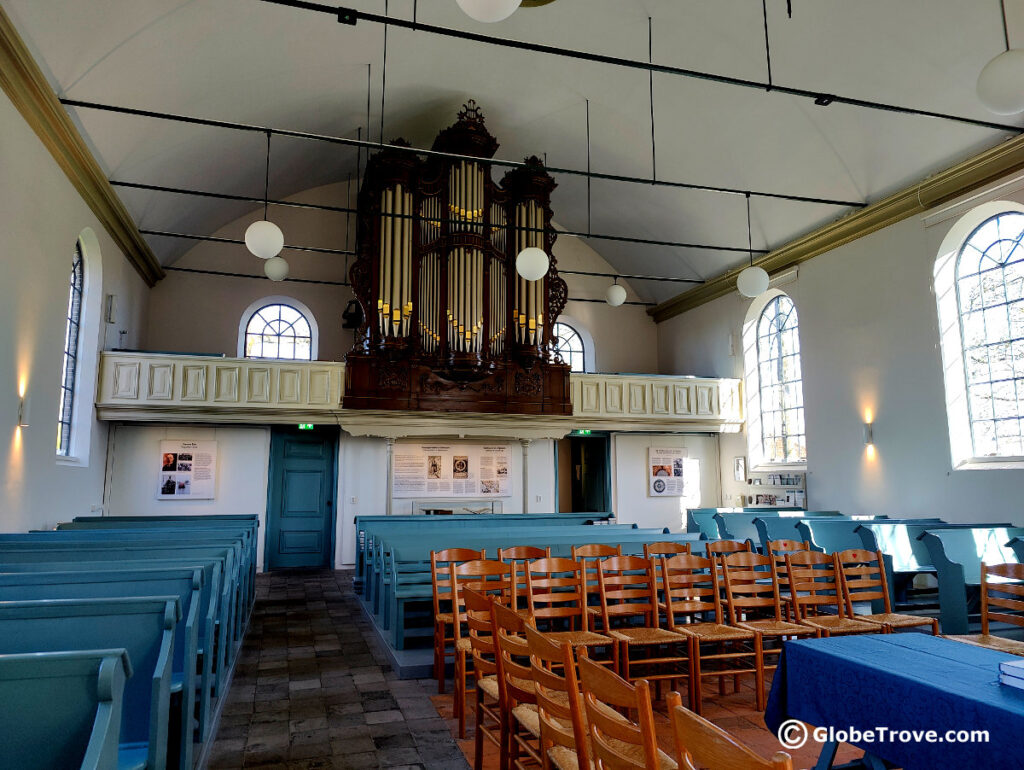 The iconic Mennonite blue in the church in Giethoorn.