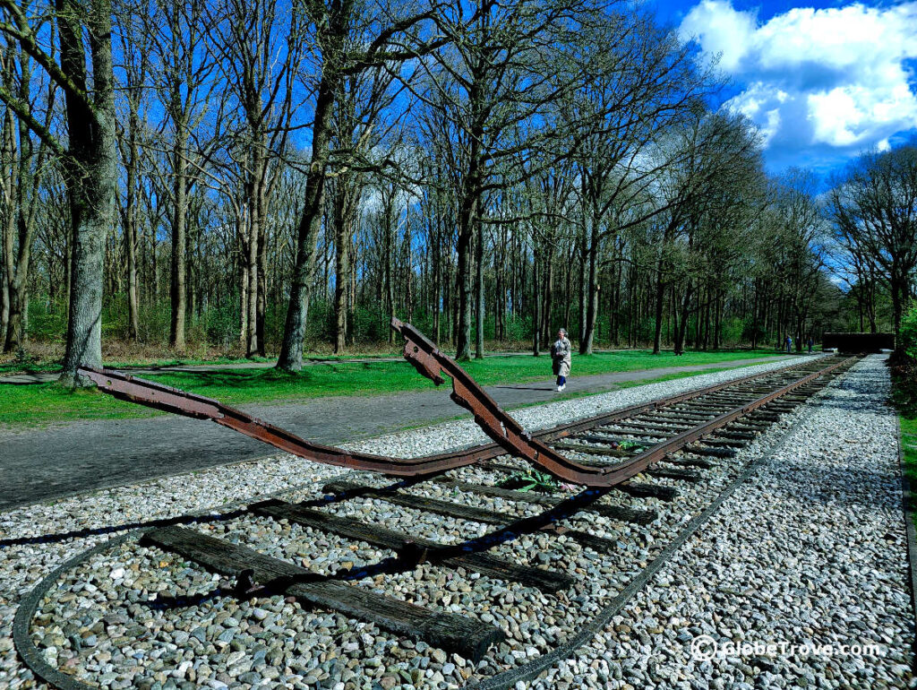 The broken railway track memorial at Westerbork transit camp.
