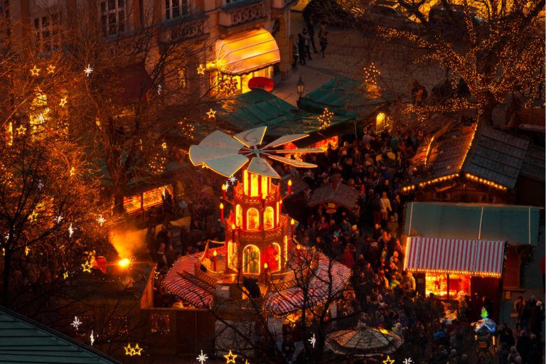 An aerial view of one of the Christmas markets in Germany and the cozy ambiance that makes them popular.