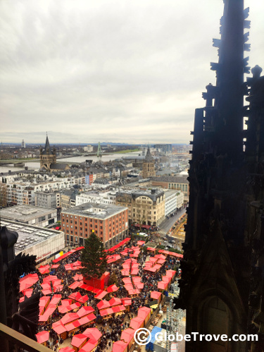 A bird's eye view of the Christmas markets in Cologne near the Cologne cathedral.