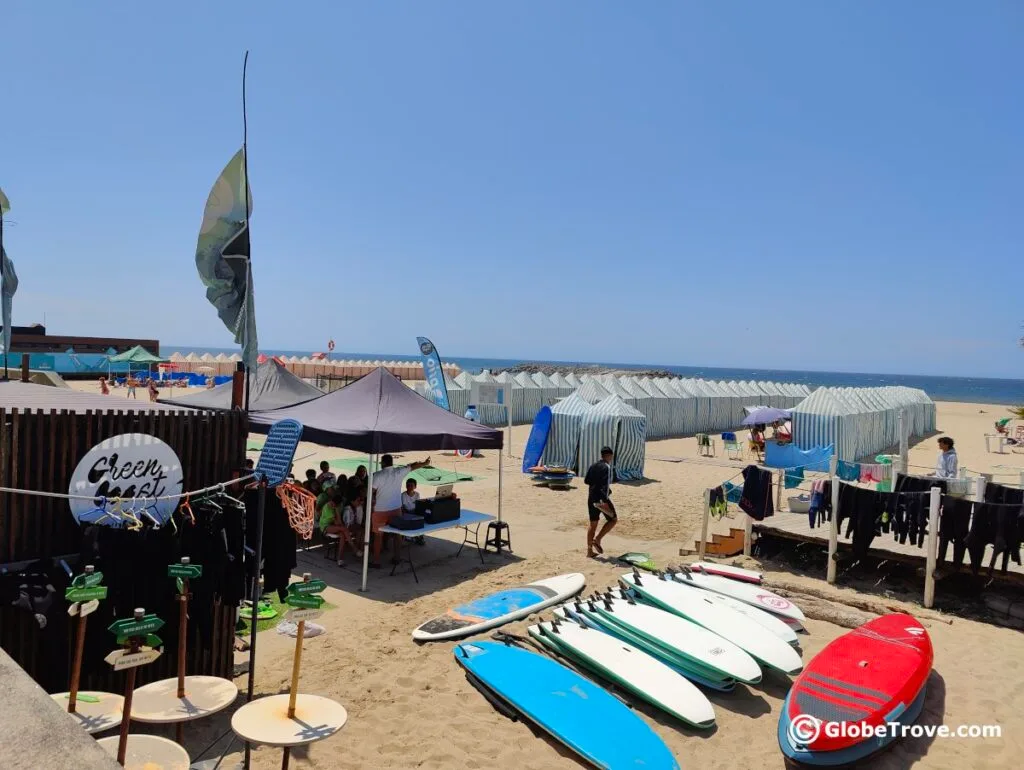 Surfboards laid out on the sand in Espinho