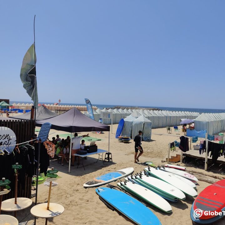 Espinho with its vast beach and surfing boards stacked