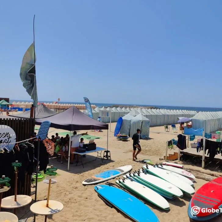 Espinho with its vast beach and surfing boards stacked
