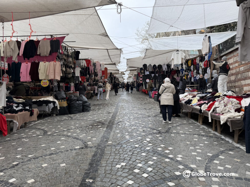 The friday market in Istanbul with the numerous pop up stalls on a rainy day.